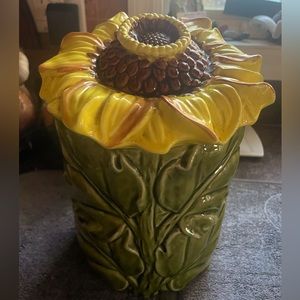 Vintage Lefton Sunflower Canister Ceramic Kitchen Canister Jar Green Leaf Base